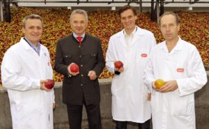 V.l.: Division Manager Getränke Harald Doppler, GF Josef Mayer, Facheinkäufer Rohstoffe Franz Enengel und Bereichsmeister Presshaus Gerhard Neubacher nehmen die frisch geernteten österreichischen Äpfel genau in Augenschein. Foto: Spitz