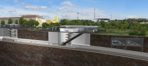 Derzeit noch Zukunftsmusik, aber sehr bald schon herrliche Realität: Blick auf die U1-Station Altes Landgut vor Generali-Arena. Foto: Architektengruppe U-Bahn/BEKO Engineering & Informatik AG