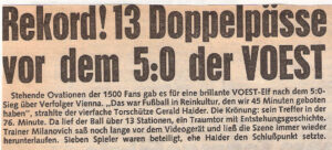 Faksimile OÖ-Kronen-Zeitung vom April 1986. Gerald Haider erzielt gegen die Vienna beim 5 : 0-Erfolg 4 Tore.  Foto: Sammlung oepb