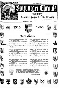 Titelblatt der Festschrift zum Jubiläum "Salzburg Hundert Jahre bei Österreich" der "Salzburger Chronik" vom 1. Mai 1916. Bild: ANNO/Österreichische Nationalbibliothek