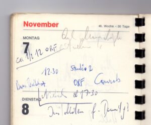 Ausschnitt aus einem Terminkalender von Trude Marzik vom 7. November 1977, anlässlich eines Termins mit ihrem Entdecker, dem legendären ORF-Entertainer Heinz Conrads. Foto: Österreichische Nationalbibliothek