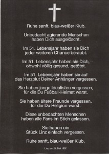 Unmittelbar nach Bekanntwerden der FC Linz-Liquidierung kursierte sofort diese Parte in Fan-Kreisen umher. Sammlung: oepb