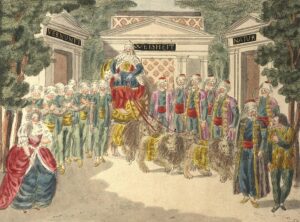 Szenenbild von Mozarts „Zauberflöte“, 1. Akt, 18. Auftritt, „Es lebe Sarastro“, Kolorierter Kupferstich von Joseph Schaffer, um 1794. Foto: Österreichische Nationalbibliothek