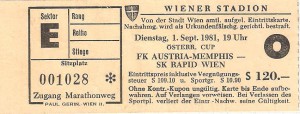 Matchkarte vom ÖFB-Cup Achtelfinale zwischen Austria und RAPID (2 : 1) vom 3. September 1981 im Praterstadion. Sammlung: oepb