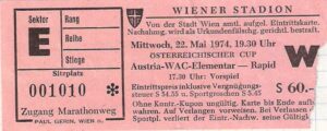 Matchkarte vom ÖFB-Cup Semifinale zwischen Austria und RAPID (4 : 1) vom 22. Mai 1974 im Praterstadion. Sammlung: oepb 