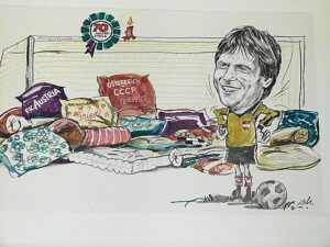 Aus Anlass seinen 70. Länderspieles am 17. Mai 1983 (2 : 2 gegen die UdSSR in Wien) wurde diese Friedl Koncilia Karikatur angefertigt. Im Hotel Oase in Bad Ischl kann man diese bewundern. Foto: oepb