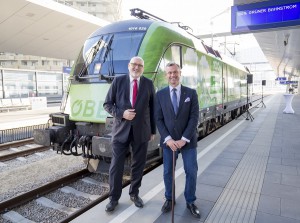Links Andreas Matthä, CEO ÖBB, sowie Verkehrsminister Norbert Hofer anlässlich der Lok-Taufe. Foto: ÖBB Rudolph 