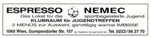 Auch als späterer Wirts-Unternehmer blieb Horst Nemec seinen Veilchen stets und treu verbunden. Im Rahmen der Austria-Stadionzeitschrift DIE WIENER VIOLETTEN fand man immer wieder sein Inserat vor. Bild: oepb