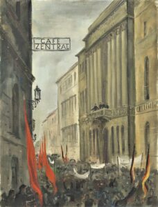Ausrufung des Staates Deutschösterreich vor dem NÖ Landhaus in Wien 1918. Gemälde Maximilian Frey, um 1948. Sammlung: Landessammlungen NÖ / Foto Christoph Fuchs