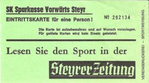 Eintrittskarte vom 31. Mai 1986. Aus SK Vorwärts Steyr gg. SK VÖEST Linz, 3 : 0 (1 : 0). Sammlung: oepb
