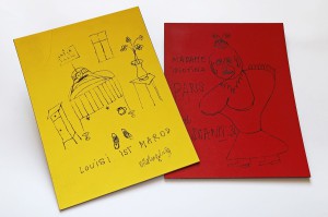 Zeichnungen von Thomas Bernhard auf farbigen Resopalplatten, Anfang 1960er Jahre. Foto: ÖNB