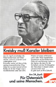 Das letzte Wahlplakat von Dr. Bruno Kreisky anlässlich der Nationalratswahl am 24. April 1983. Nach dem Verlust der absoluten Mehrheit trat der zwischen den Jahren 1970 bis 1983 tätige Österreichische Bundeskanzler verbittert und geknickt ab. Sammlung: oepb