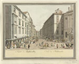 Wien zur Zeit Beethovens, Kohlmarkt mit Artaria-Haus; Radierung von Karl Schütz und Johann Ziegler; um 1800 – Foto: © Österreichische Nationalbibliothek 