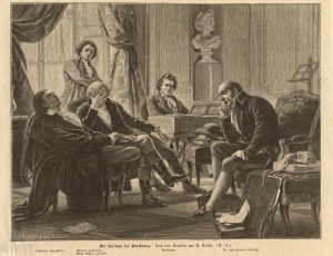 „Die Intimen bei Beethoven“: Anton Schindler, Sigmund Anton Steiner, Georg Joseph Vogler und Gottfried van Swieten; Stich nach einem Gemälde von Albert Gräfle; um 1892 – Foto: © Österreichische Nationalbibliothek