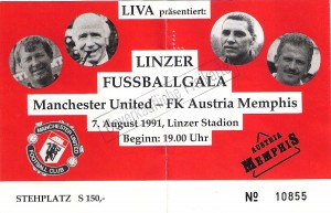 Matchkarte Manchester United vs. FK Austria Wien (1 : 5) vom 7. August 1991 im Linzer Stadion. Sammlung: oepb