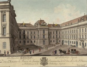 Blick auf den Wiener Josefsplatz, Kolorierter Kupferstich von Carl Schütz, um 1780. Foto: Österreichische Nationalbibliothek