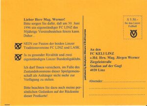 Diese kleinen Postkarten wurden damals sehr zahlreich an das FC Linz-Sekretariat im Linzer Stadion verschickt. Sammlung: oepb 