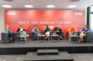 Paneldiskussion: v.l.: Leonore Gewessler, Bundesministerin für Klimaschutz; Angela Köppl, WIFO und Aufsichtsrätin der ÖBB-Holding AG; Alexandra Millonig, AIT-Senior Scientist; Silvia Angelo, Vorständin ÖBB-Infrastruktur AG; Ursula Zechner, Geschäftsführerin Asfinag Maut Service GmbH; Eva Hieblinger-Schütz, Aufsichtsrätin der Rail Cargo Austria AG; Andrea Reithmayer, Aufsichtsrat-Vorsitzende der ÖBB-Holding AG. Foto: © ÖBB / Andreas Scheiblecker